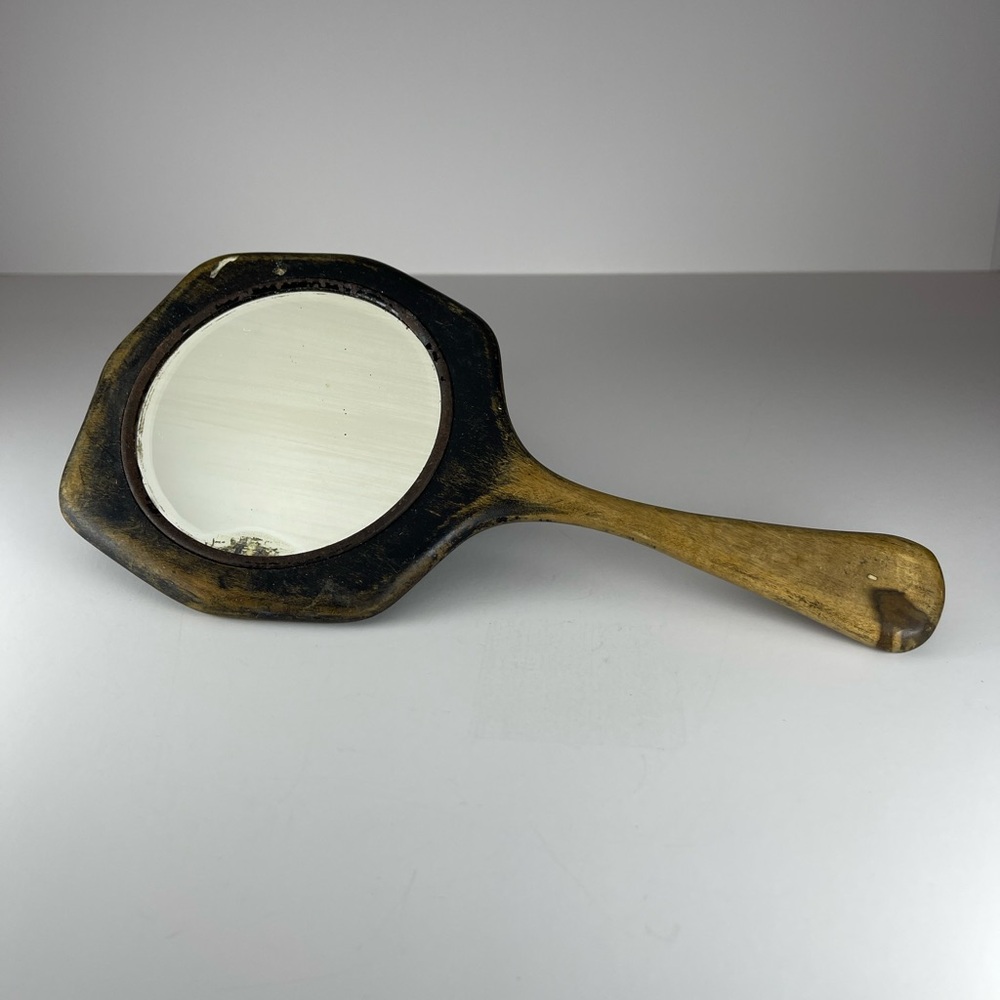 Antique early 1900s wooden hand held mirror